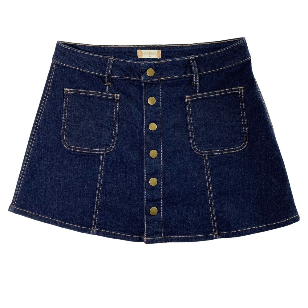 Womens Jean Skirt Size Medium 33" W Dark Wash‎ Denim Mini Snap Up Festival